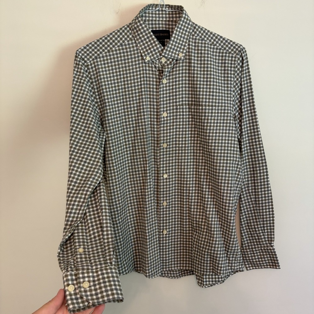 Scott Barber Cotton checkered dress shirt medium Business Green Gray Work
